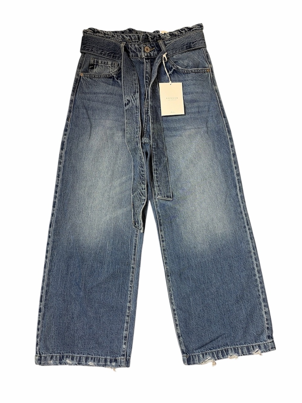 KanCan Women's Relaxed 90 Wide-Leg Denim Jeans in Faded Blue with Self-Tie Belt
